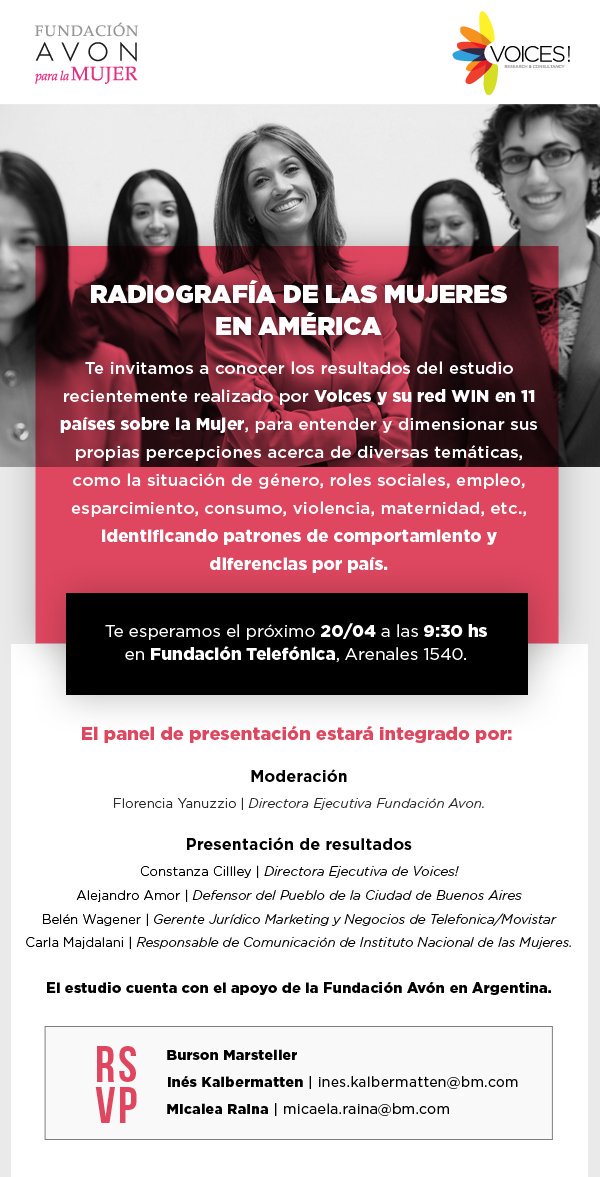 VoicesResearch's tweet photo. Este viernes a las 9:30hs presentamos los resultados del estudio "Radiografía de las #mujeres en #America " https://t.co/I5D0dWmNey
