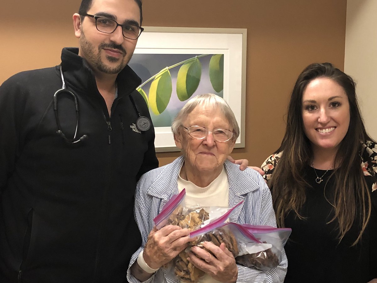 AshishPershad's tweet photo. TAVR in 95 yr old at 1 month follow up. Betty Crocker assortment of home made cookies for the team. Heartwarming moment of the day. #tavr works https://t.co/0T6KYrgft2