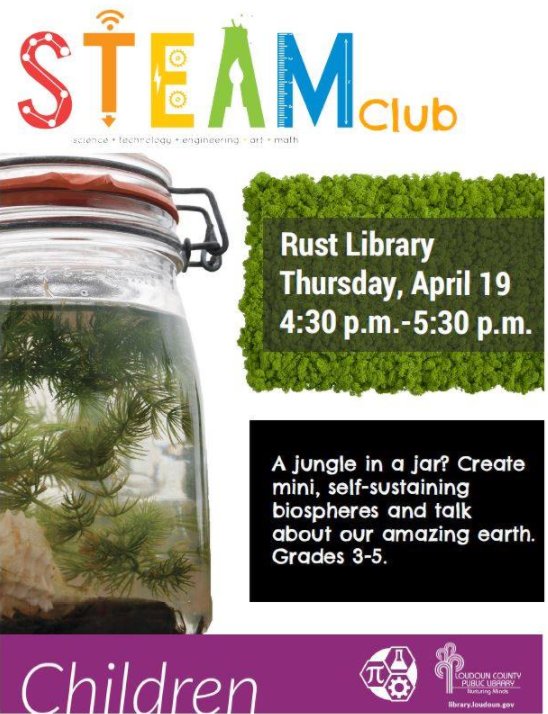 Loudoun_Nature's tweet image. Join @RustLibrary in a fun activity creating mini, self-sustaining biospheres and talk about our amazing earth 🌎 For ages: Kids in Grades 3-5 Cost: Free
Questions? Contact Rust Library at 703-777-0323
#LoudounNatureDays #EarthWeek #RustLibrary #STEAMClub #Loudoun