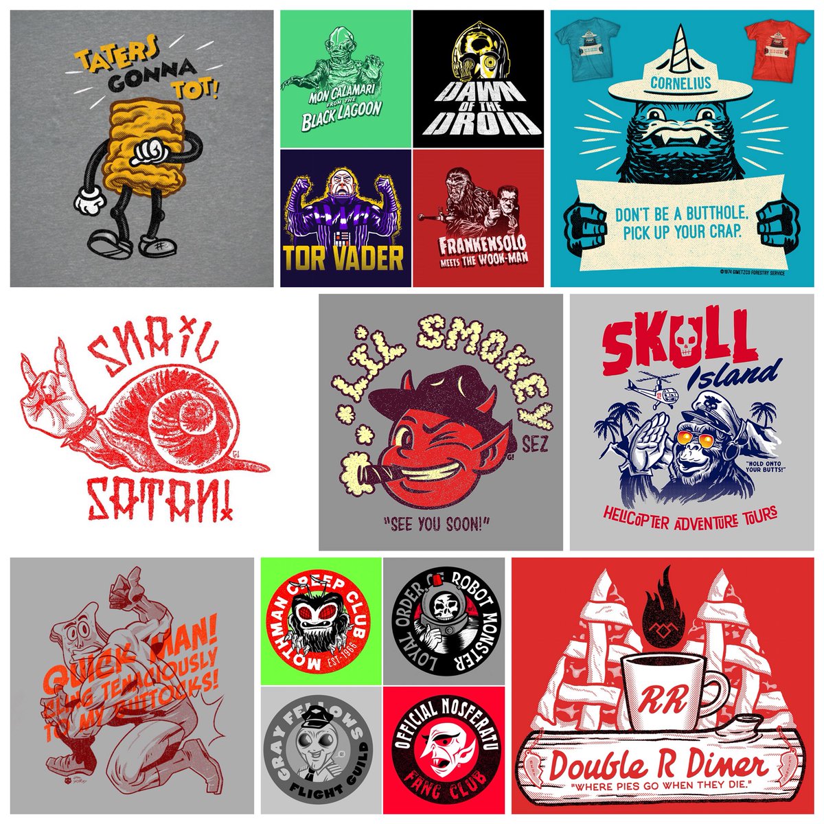 Huge-butt sale over at teepublic.com/user/gimetzco 30% off! One’s your chance, Carpe diem and all that! #devil #twinpeaks #kong #powderedtoastman #monsters #starwars #tatertots #yeticorn