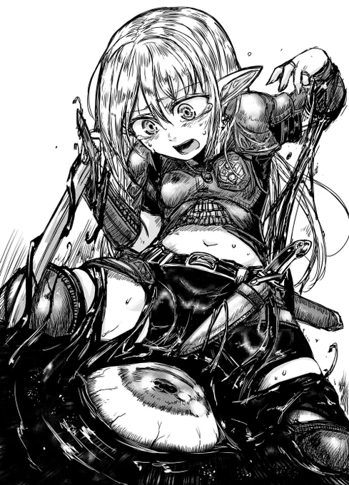 凶悪な粘体モンスター、ブラックウーズに捕食されるエルフ娘
一度彼らに襲われた冒険者は、何度でもその毒牙かかってしまうという(目そらし) 