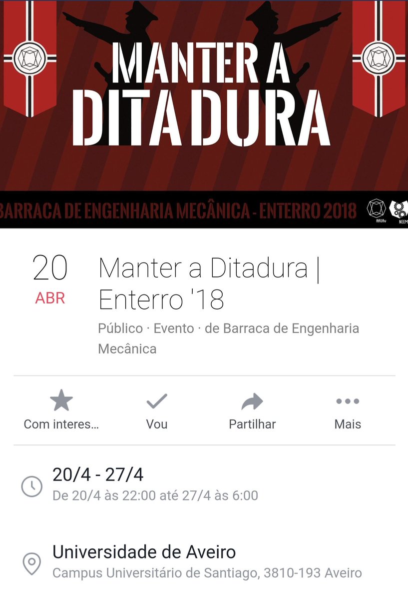 ffigueiredo14's tweet photo. A praxe nunca deixa de surpreender pela negativa. Um grupo de alunos de Eng. Mecânica decidiu batizar o seu stand na Queima de Aveiro de "Manter a Ditadura", exibindo na sua publicidade homens fardados a fazer a saudação romana. Onde é que o ensino público falhou? https://t.co/ihcjgJZt1v