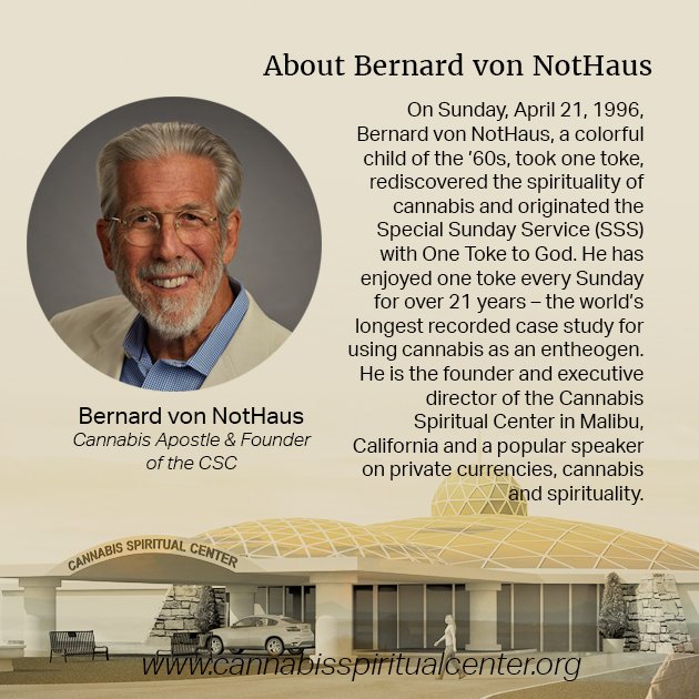 canspiritcenter's tweet photo. Meet Bernard von NotHaus--The founder of the Cannabis Spiritual Center – a special place that empowers people to experience their inner spirituality with just one toke of cannabis – is no stranger to controversy or outside-the-box thinking. Learn more: https://t.co/9ejmLkBmiI https://t.co/efOL3VIirh
