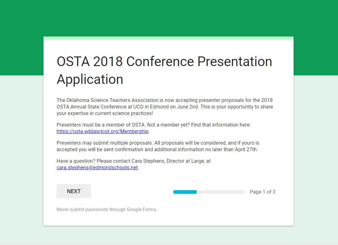 Present at #OSTA18 Conference
<a href="/OKLASTA/">Oklahoma Science Teaching Association</a> now accepting presenter proposals June 2nd
This is your opportunity to share your expertise in current science practices! 
docs.google.com/forms/d/e/1FAI…

#EarthScience #chemistry #biology #physics #STEM #STEAM #NSTA