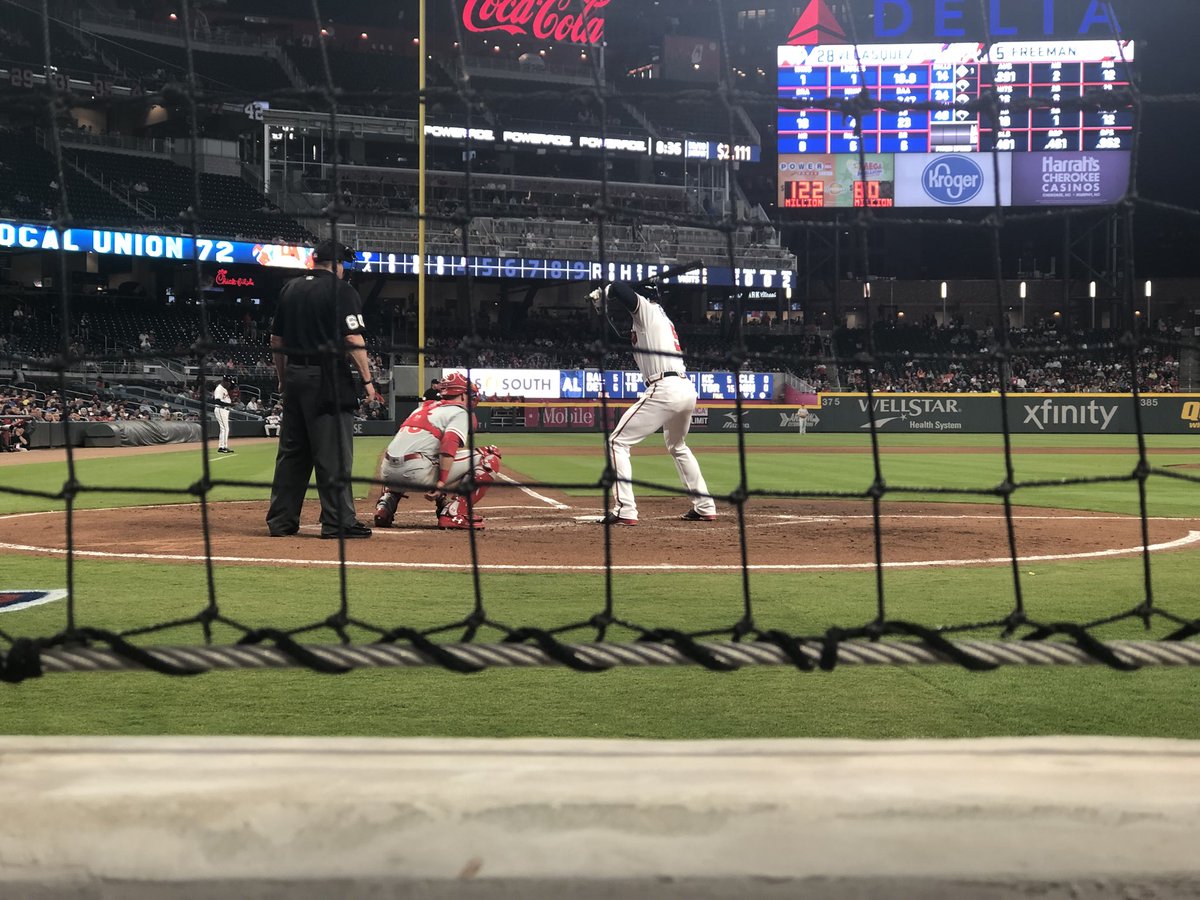 TugCowart's tweet photo. From the #CheapSeats w/@HMason14 on @AtlantaSportsX to the best seats w/@braves. Oh and Jakob decided to scout out the competition w/the help of @MatthewNeet @GeorgiaJackets @680TheFan https://t.co/AhKva2TWa4
