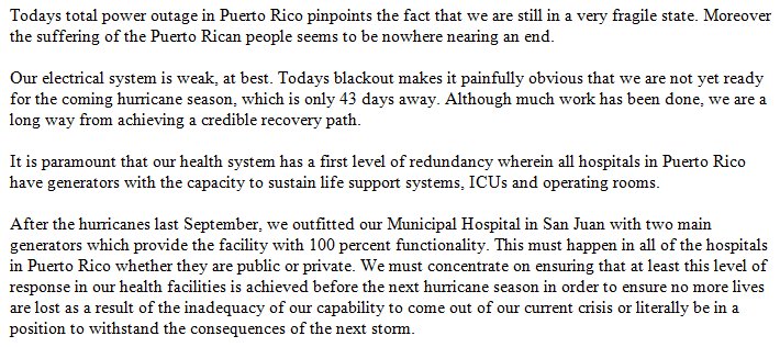 NBCNews's tweet photo. San Juan Mayor Carmen Yulin Cruz on islandwide blackout in Puerto Rico: "Today's blackout makes it painfully obvious that we are not yet ready for the coming hurricane season, which is only 43 days away." https://t.co/n7l3U6Zozi https://t.co/aPWQWAD7zF