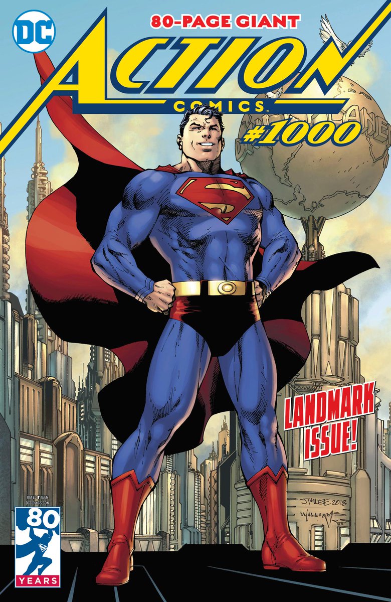DCOfficial's tweet photo. 80 years of action. 80 years of adventure. 80 years of Superman. Celebrate the iconic Super Hero who started it all alongside all-star writers and artists in ACTION COMICS #1000, available now: https://t.co/eeYNfo3L2R #ACTION1000 #Superman80 https://t.co/vl8TtOISiv