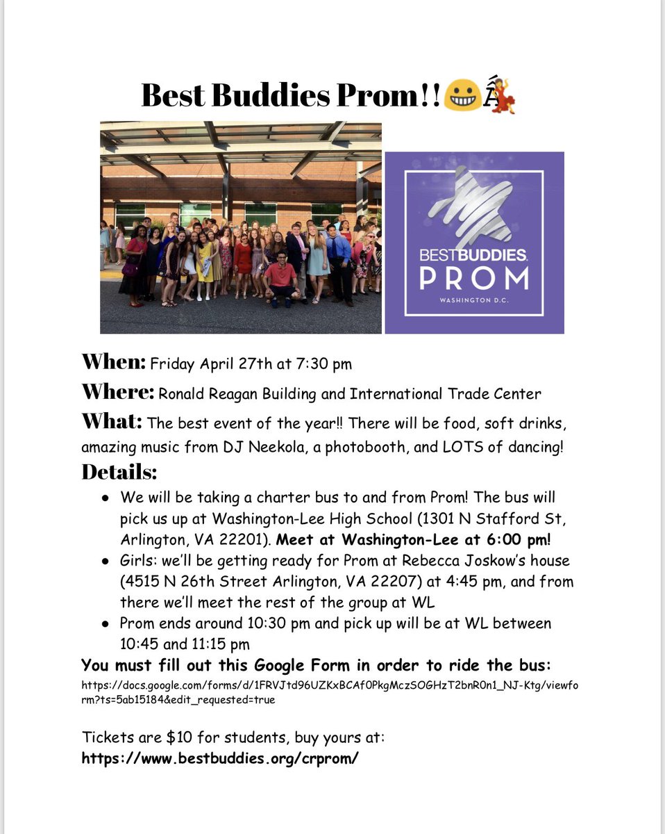 BestBuddiesYHS's tweet photo. Get ready for one of the biggest and best events of the year — Best Buddies Prom is right around the corner!! Use this link to buy tickets for $10: https://t.co/Beludt97JB and fill out this google form to ride the bus: https://t.co/P0UOhi7aWS ALL ARE WELCOME!! 🎉 https://t.co/gRVrO03t3z