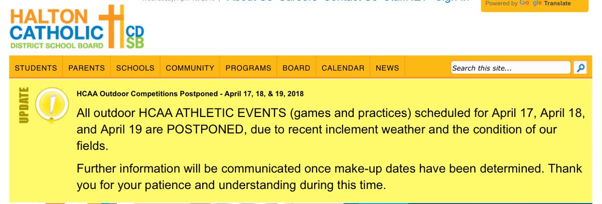 HCDSBHCAA's tweet photo. Due to the continued conditions of our fields, all scheduled @HCAA2017 outdoor competitions &amp; practices are postponed for April 19, 2018. https://t.co/fpNmSazCeL