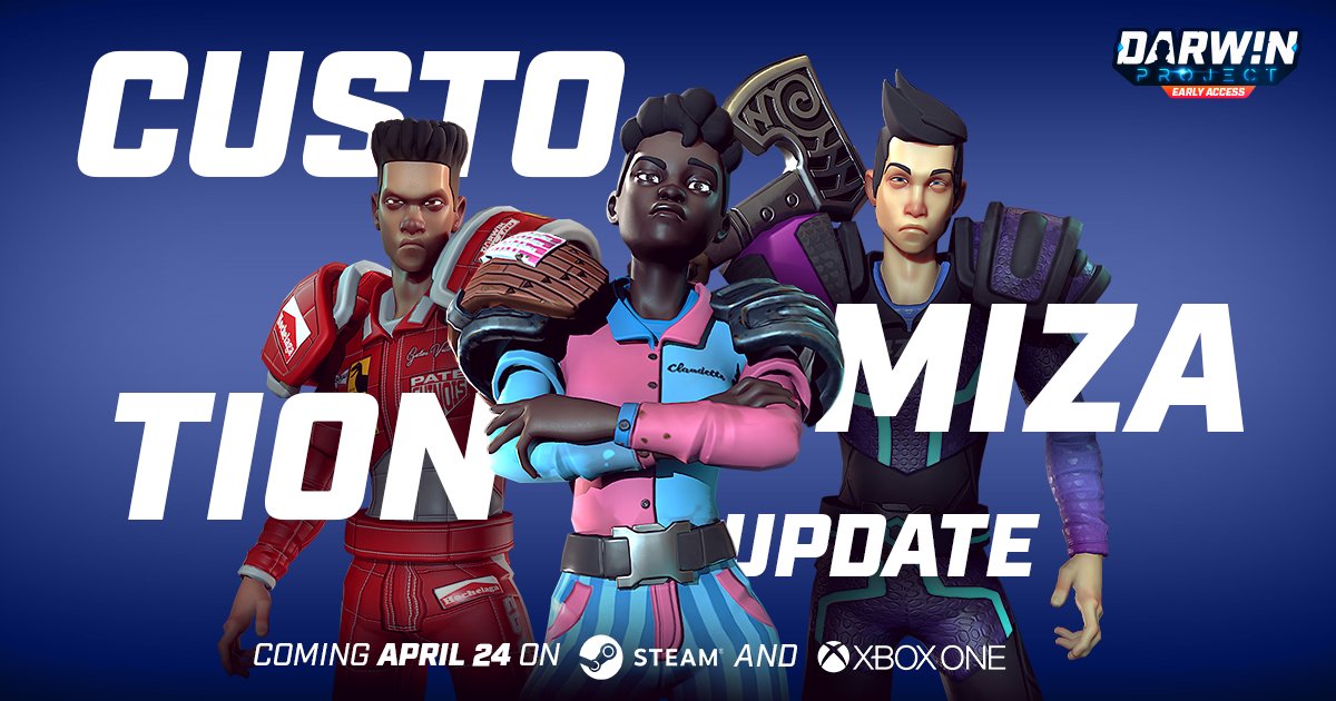 DarwinProject's tweet photo. Starting April 24 on Steam and Xbox One, you'll be able to unlock and equip over 200 cosmetic items by gaining fans and leveling up. For more information and a sneak peek at some of the new styles you'll be able to wear soon, read the latest blog post: https://t.co/B9teB8g9b9 https://t.co/q7gEKZ59gu