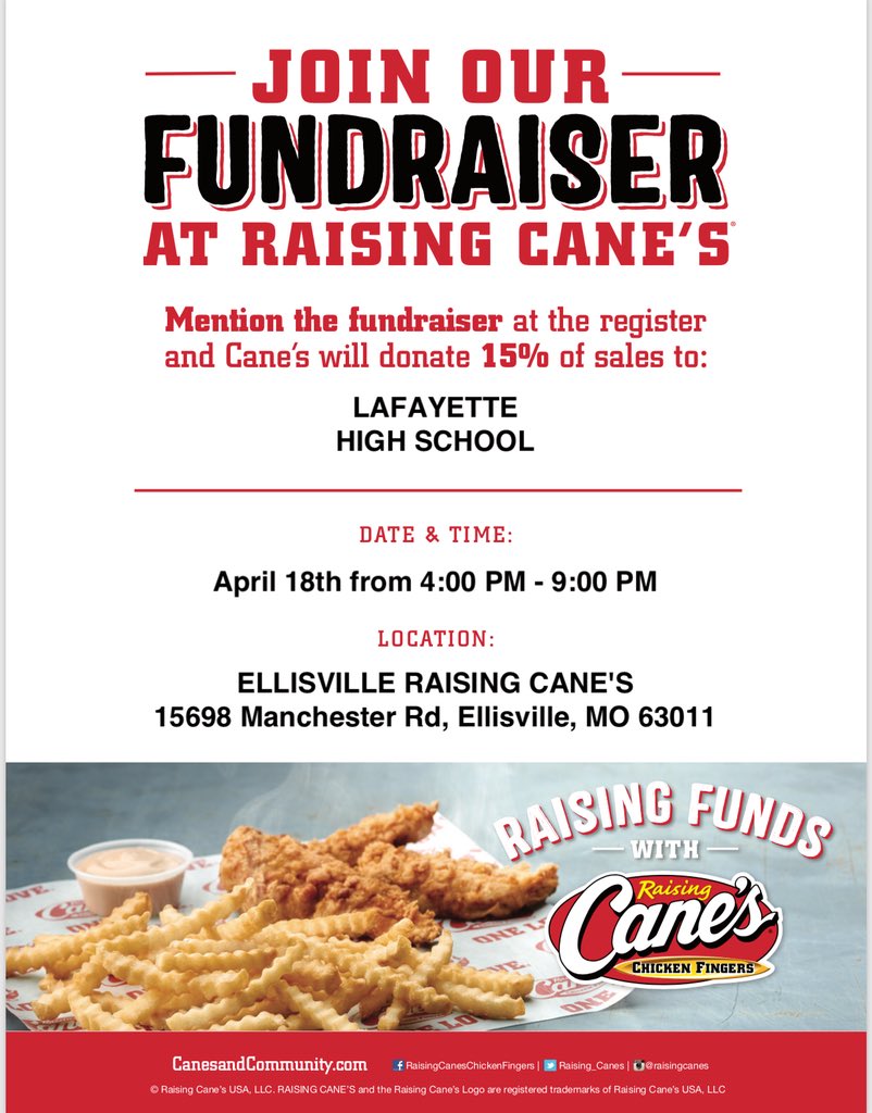 LHSbooklove's tweet photo. Make some $$ for LHS and skip making dinner? Yes, please! Visit Raising Cane’s in Ellisville &amp; show this ad tonight! @LHSrenaissance #connectedlancer #doingmypart https://t.co/nqt593D5V1