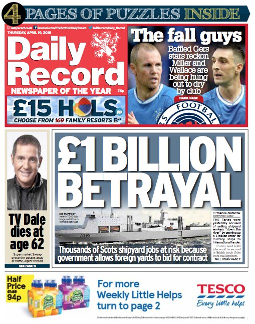 Tomorrow's Daily Record front page. Thousands of Scots shipyard jobs at risk.