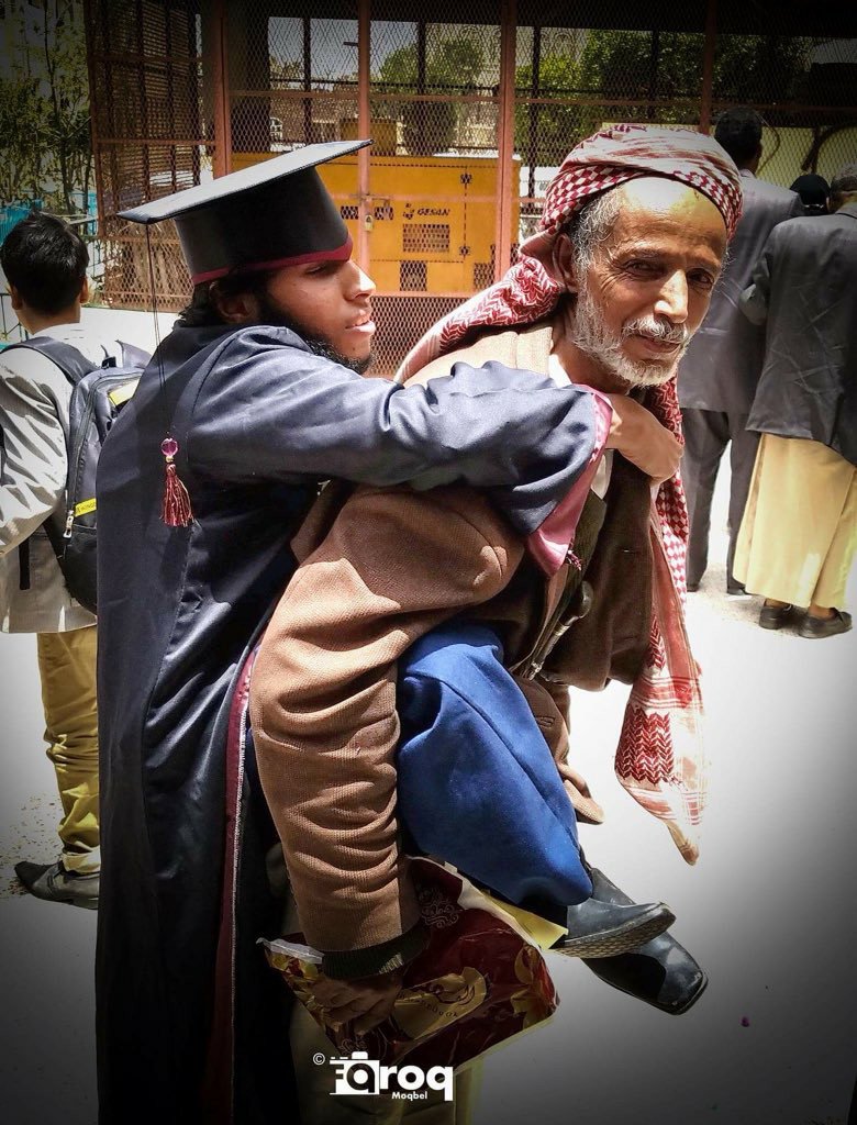 AhmadAlgohbary's tweet photo. Emotional moment 😍.
His son is blind and disable, this father is happy for holding his son on his back, because he has graduated from high school in #Sanaa, #Yemen. https://t.co/igPl1VLUJT