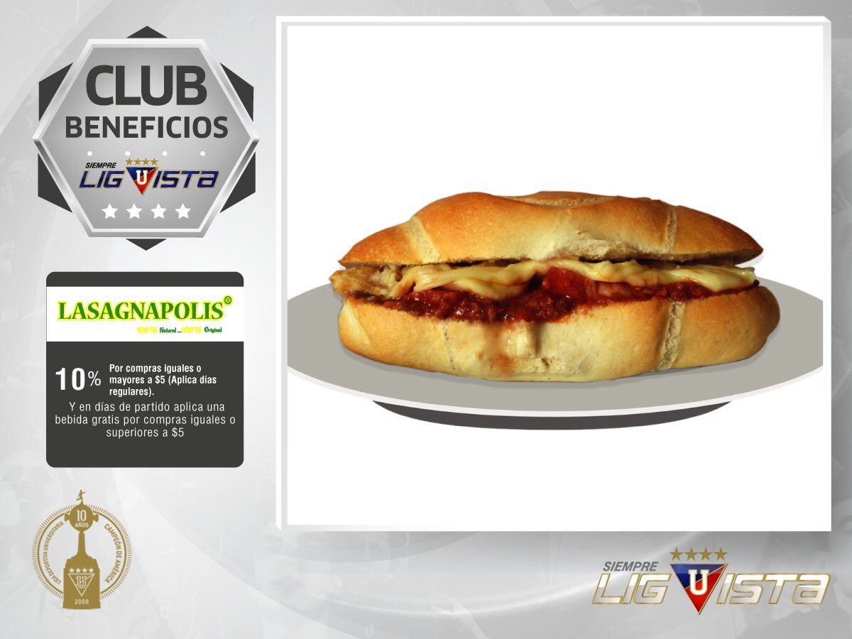 LiguistaOficial's tweet photo. Aprovecha tus beneficios por ser parte de #Liguista 2018 Y disfruta del novedoso sanduche de Lassagna en Lasagnapolis Presenta tu tarjeta Siempre Liguista y recibe:  

✅ 10% de descuento en compras superiores a $5
✅ En días de partido: Bebida gratis por compras superiores a $5 https://t.co/vDvFV1E4Ke