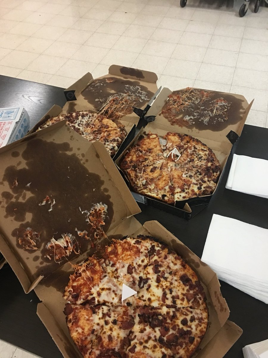 Frenchrm's tweet photo. @dominos this is so sad when your pizza gets delivered this way and hungry kids got to scrap cheese off the box with spoons #AfterSchoolProgram #shilohnyc #hidef https://t.co/TxkbHN3LWE