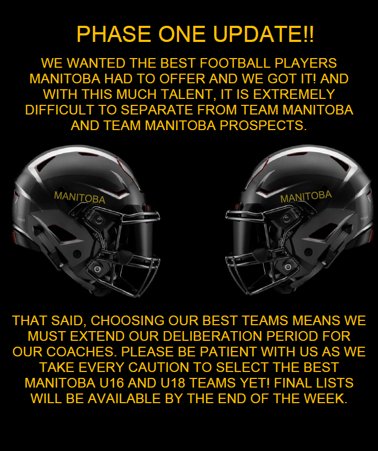 fbmanitoba's tweet photo. Just a quick update about Phase One ID Camp
#didyoumakeit #PhaseOne #FootballManitoba #Football #BePatient https://t.co/Yq6Q5Ire8V