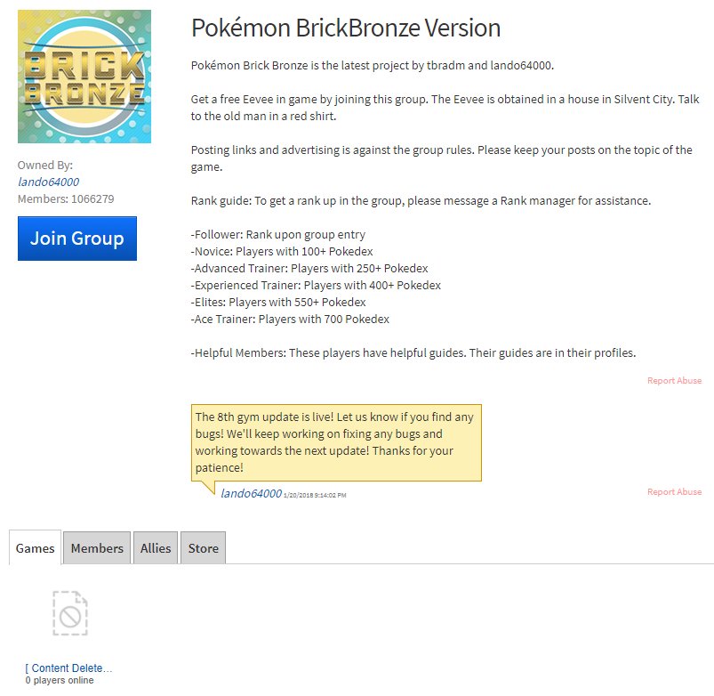 Tom Durrant On Twitter Pokemon Brick Bronze Has Been Deleted I Feel Sorry For Lando64000 Https T Co Urvxrtcu0x Robloxdev Roblox - roblox pokemon brick bronze pokemon list