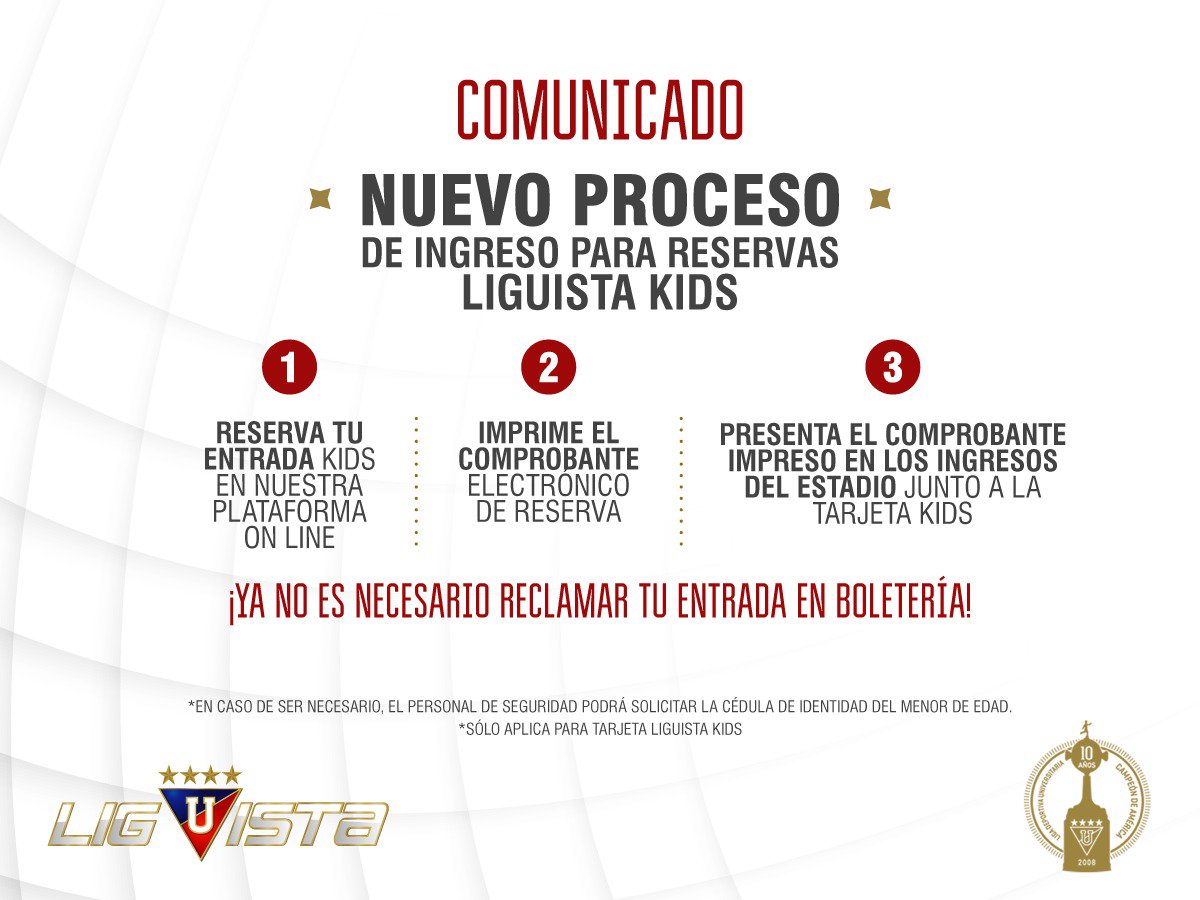 LiguistaOficial's tweet photo. ¡Para todos quienes hagan una reserva de entradas para sus hij@s usando la tarjeta #Liguista KIDS! ¡En el partido #LDUvsBSC no deberán reclamar su entrada física! Sólo debes tener en cuenta el siguiente proceso ⏬: https://t.co/ysgOWvx0lj