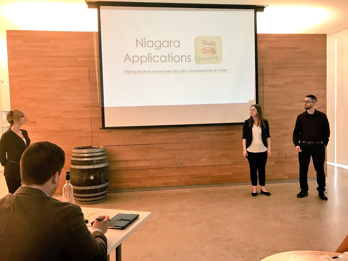 niagaracollege's tweet photo. The final pitch: “Rebooking”; an app for students to sell their used textbooks to other students in the area! #nctakeoff #niagaracollege #myncstory https://t.co/MdT6lSmTEF