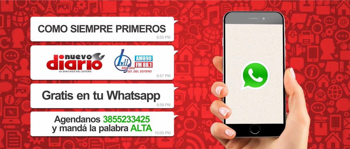 Servicio de alertas informativas de @NuevoDiarioSDE y <a href="/RadioLV11/">Radio LV11</a> 

1. Agendá este número en tu teléfono (3855233425)
2. Envianos un WhatsApp con la palabra ALTA
3. Es gratis.
4. No vamos a molestar. Solo te enviaremos lo importante.