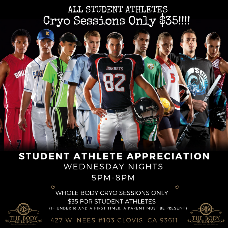 Tag your favorite student athlete! (Better be your own kid, lol) Exclusive at The Body Building: we are honoring all the hard work our student athletes put in. Wednesdays from 5-8pm Cryo sessions will only be $35.00 per session! Share and tag your favorite local student athletes!