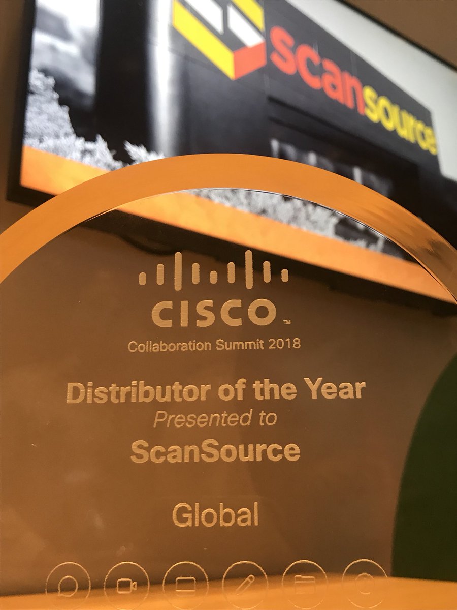 ScanSourceBrian's tweet photo. ScanSource is the proud winner of the Cisco Global Collab Distributor of the Year!  It’s a great partnership!  Thank you to our Great  @CiscoCollab Partners! #CollabSummit #futureofwork240 https://t.co/BxlFL4ThJ8