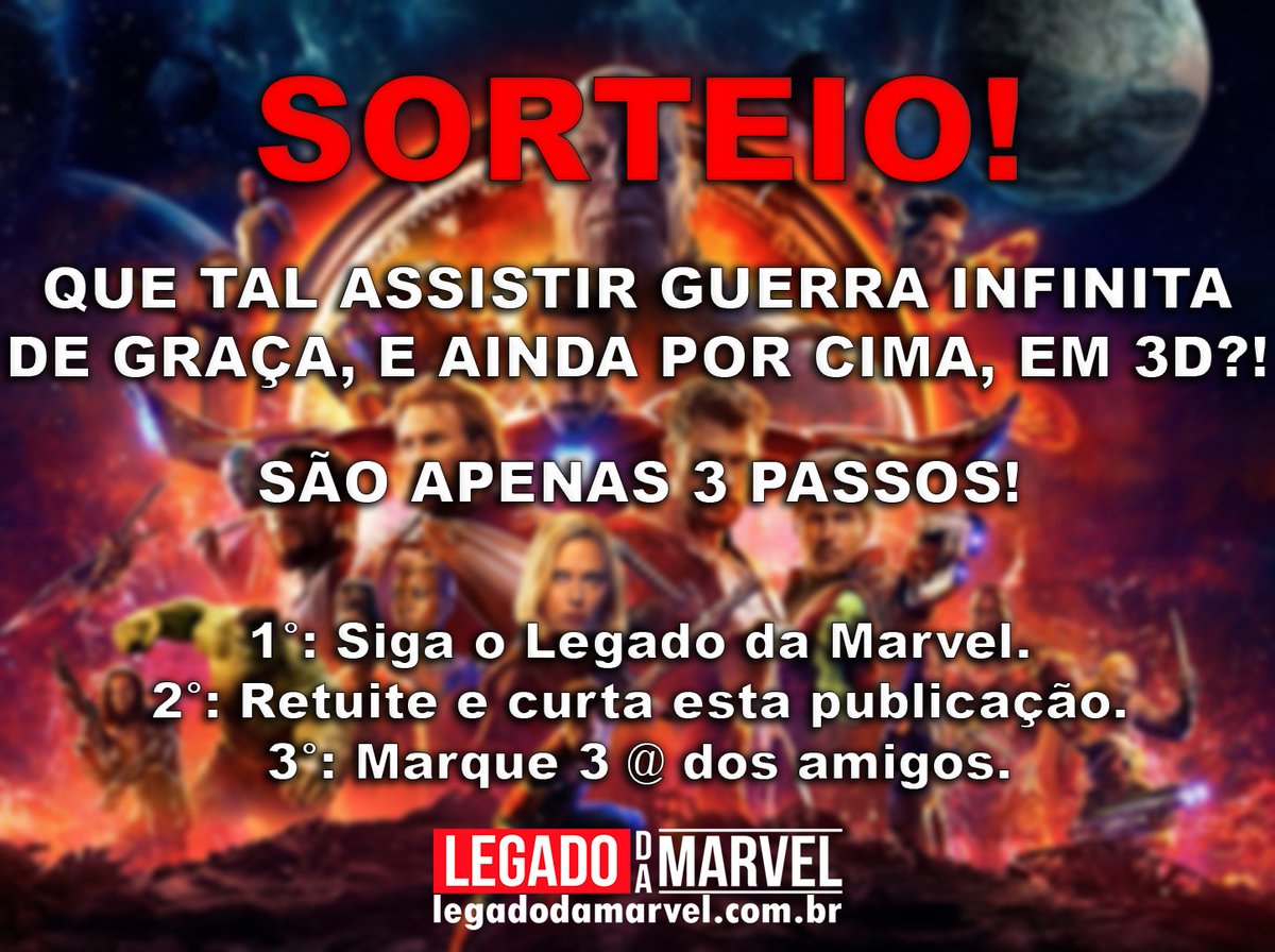 legadodamarvel's tweet photo. Que tal assistir Vingadores: Guerra Infinita de graça, num cinema @Kinoplex, e ainda podendo assistir em 3D?! É fácil, só seguir estes 3 passos!

Serão 3 ganhadores. O resultado sai na noite do dia 22 de abril! POR FAVOR, leia o regulamento: https://t.co/5bQWNLVNn9 https://t.co/GTfN5vIq3H