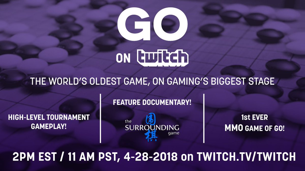 Hey everyone, we're teaming up with <a href="/Twitch/">Twitch</a> to host the biggest intro to Go in history! 

"Twitch Plays Go", will be broadcast live from Twitch Studios on the main channel twitch.tv/twitch, starting at 11am PST, April 28. Including a special showing of <a href="/TheGoMovie/">The Surrounding Game</a>!