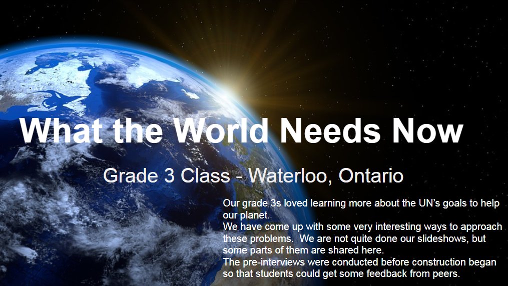 Gr 3s learning about UN Goals and posing their own solns!
#NPDLWorldNeeds #NPDL <a href="/WCDSBResearch/">Kelly Roberts</a> <a href="/kraussfe/">Ferdinand Krauss</a> 
docs.google.com/presentation/d…