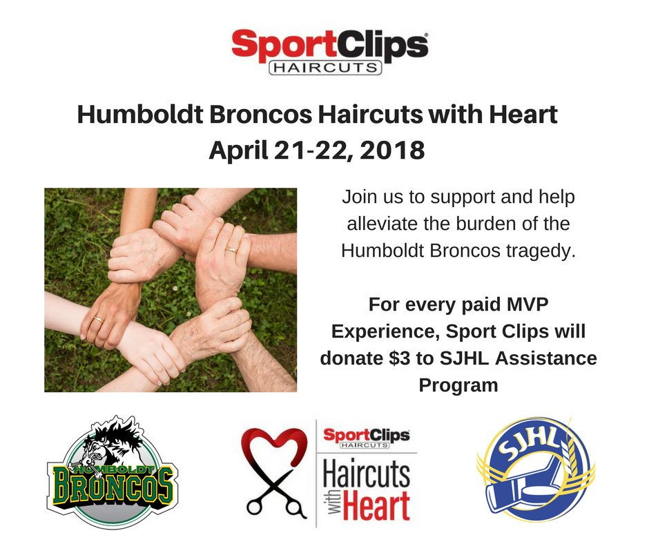 SportClipsYXE's tweet photo. We are pleased to support the @theSJHL Player Assistance Program this weekend helping to aid with mental health assistance &amp; counseling for players in the SJHL impacted by the @HumboldtBroncos tragedy! Visit one of 4 Saskatchewan locations or other @SportClips across Canada! https://t.co/1wIIxaxJzK