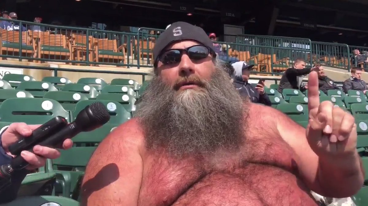 BleacherReport's tweet photo. This Tigers fan nicknamed Chewbacca went viral after being shirtless in 36-degree weather at Wednesday’s game https://t.co/202stzz0fw https://t.co/174DmLI9Ka