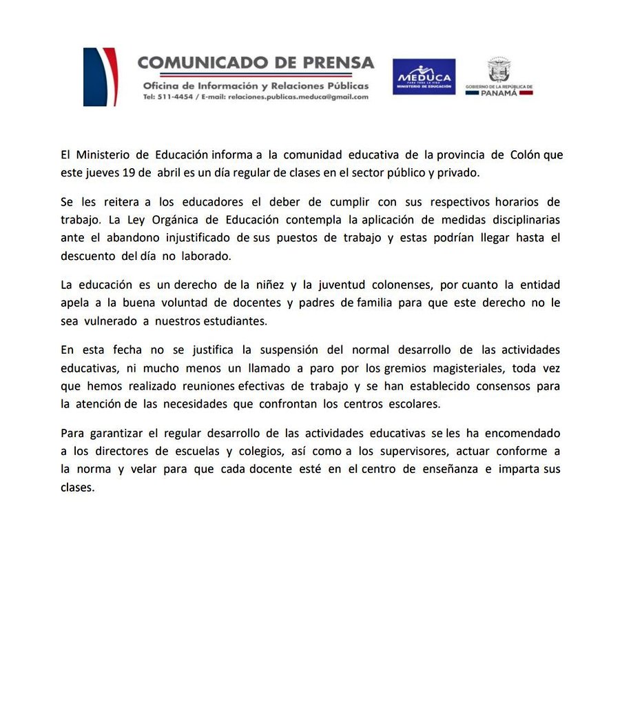 MeducaPma's tweet photo. Informamos a la comunidad educativa de la provincia de Colón que mañana jueves 19 de abril es un día regular de clases en el sector público y privado.
Se les reitera a los educadores el deber de cumplir con sus respectivos horarios de trabajo. #MeducaInforma https://t.co/BVrIG5J9z7