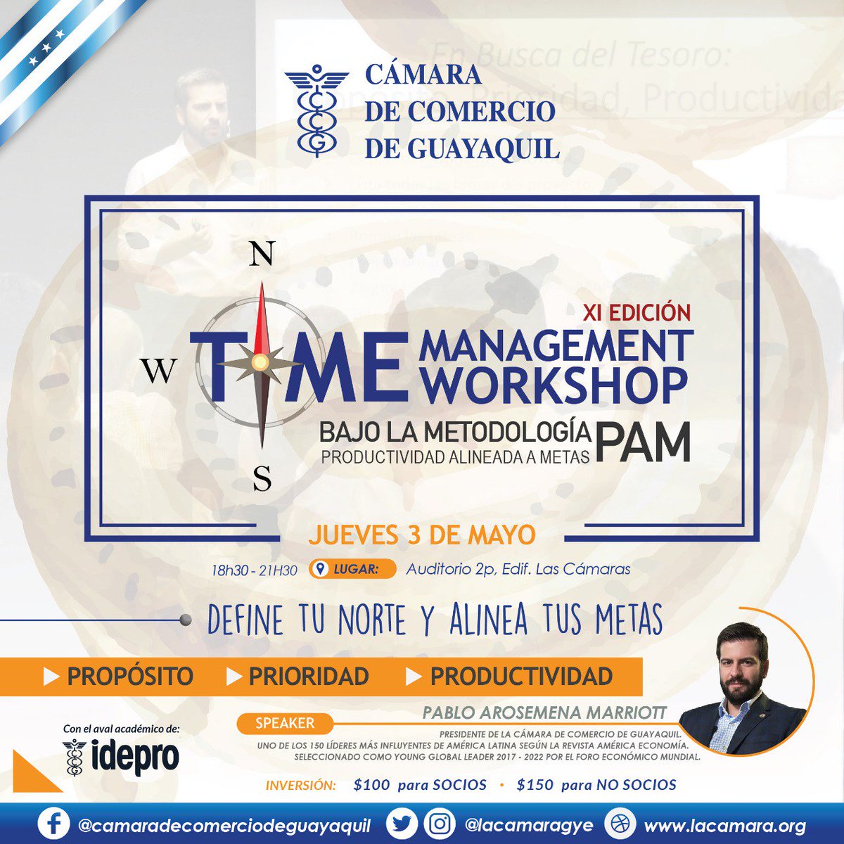JFern_Espinoza's tweet photo. ¿No te alcanzan las horas del día? en el #TimeManagementWorkshop aprende a administrar tu tiempo, definir tu norte y alinear tus #metas junto a @parosemena presidente de @lacamaragye en @ideproCCG
Info: jespinoza@lacamara.org 📱Whatsapp: 0968649836. https://t.co/CFJb3FFmNo