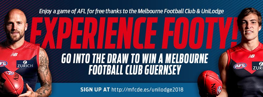 UniLodge resident in Melbourne? Grab yourself a free ticket to the Melbourne Football Club  V Richmond game on the 24th of April! Head to mfcde.es/unilodge2018 to sign up for your free ticket, PLUS enter the draw to win a Melbourne FC Guernsey! #godemons