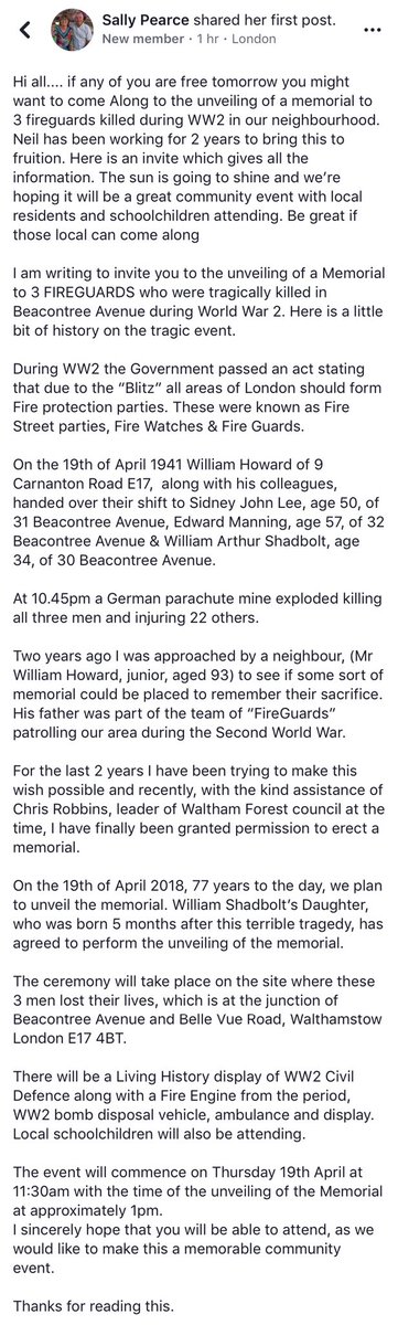 At 11:30am today there is a memorial being unveiled to commemorate the lives of three fireguards that sadly lost their lives on Beacontree Avenue in #upperwalthamstow during WW2