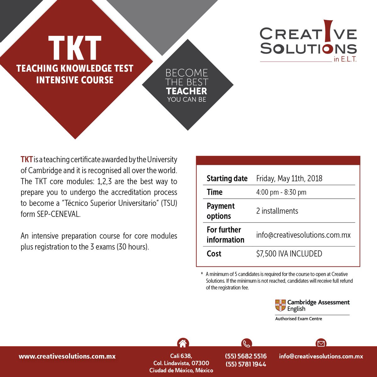 CSiELT's tweet photo. Próximo curso de TKT. Become the best teacher you can be! #tkt #creativesolutionsinelt @CambridgeEng @CambridgeEngSP https://t.co/kfpCtbVHGb