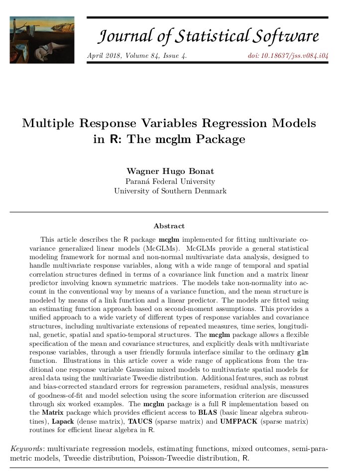 AchimZeileis's tweet photo. Just out in @jstatsoft: GLMs with multivariate response variables using #rstats pkg mcglm by Wagner Hugo Bonat https://t.co/ePWrD2qseJ https://t.co/GGKgt3FcXz