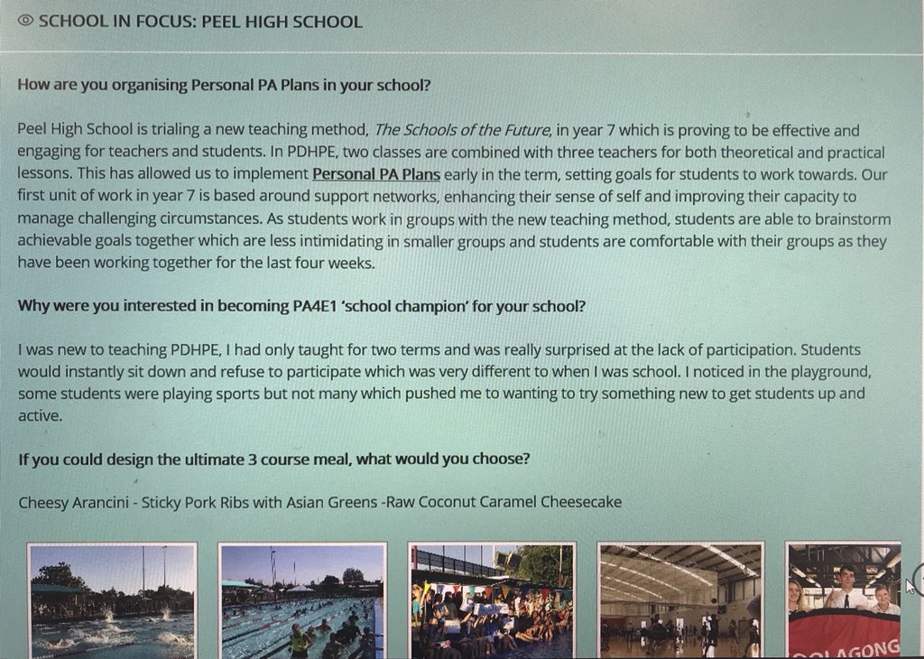 SCHOOL IN FOCUS: Peel High School Tamworth are trialing a new teaching method in PE which has supported them to implement student PA plans in the curriculum. Check out their great work in PA4E1 Online! #PA4E1 #TeamHealthNSW