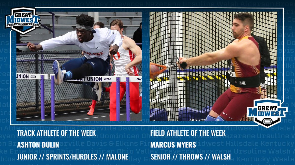 #G_MAC Men's Outdoor T&amp;F Athletes of the Week
Track: Ashton Dulin, MU (new 110mh, (anchored) 4x1 relay records)
Field: Marcus Myers, WU (auto qualifier in hammer throw; top mark in DII)

📰: bit.ly/2qGNsl8