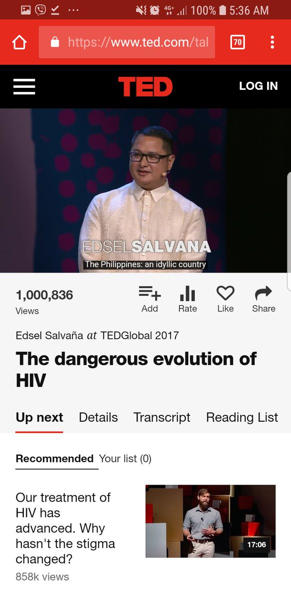 EdselSalvana's tweet photo. My TED talk is up to 1 million views! Hopefully it helps people understand why HIV is not yet done, and that the epidemic can get worse anew if we don't do our part. Thanks for watching. #TEDFellows #HIVnotyetdone #TED #tedtalks #TEDGlobal2017 https://t.co/HullV0H41c https://t.co/OcuXbmp0i0