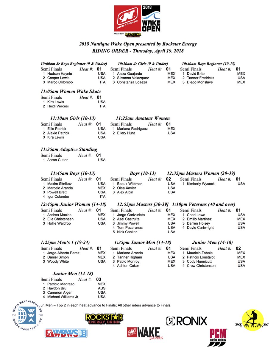 THURSDAY RIDING ORDER: <a href="/NautiqueBoats/">Nautique Boats</a> #WakeOpen presented by <a href="/rockstarenergy/">Rockstar Energy Drink</a>