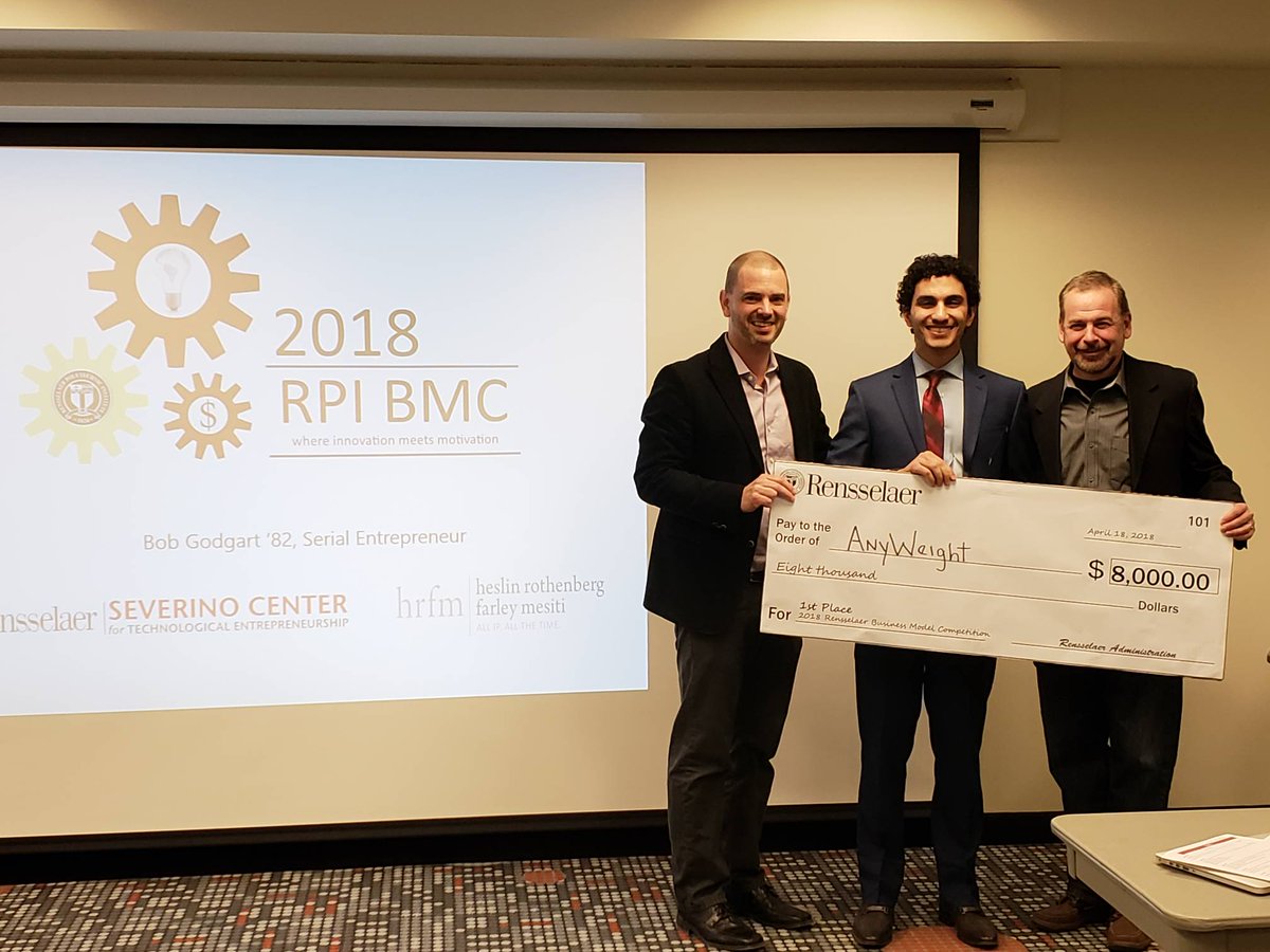 EshipRPI's tweet photo. Congratulations to @RPILally student Tony Chedrawee, for winning 1st prize in the annual Business Model Competition. Sponsor @HRFMLaw also awarded Tony with the IP award for his product called #anyweight, designed to replace the large cumbersome plated weights in gyms. https://t.co/jLYKAzCfvm