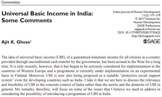 TweetIHD's tweet photo. Read Prof. Ajit K. Ghose's commentary from the Symposium issue of #IJHD (Vol. 11, No. 2) published by #SAGEIndia using this link: https://t.co/u2vlPwZGqL
Use this link to read other commentaries on #UniversalBasicIncome from the said issue
--> https://t.co/XjZ9ReJqO0 https://t.co/wB0WInsOeK