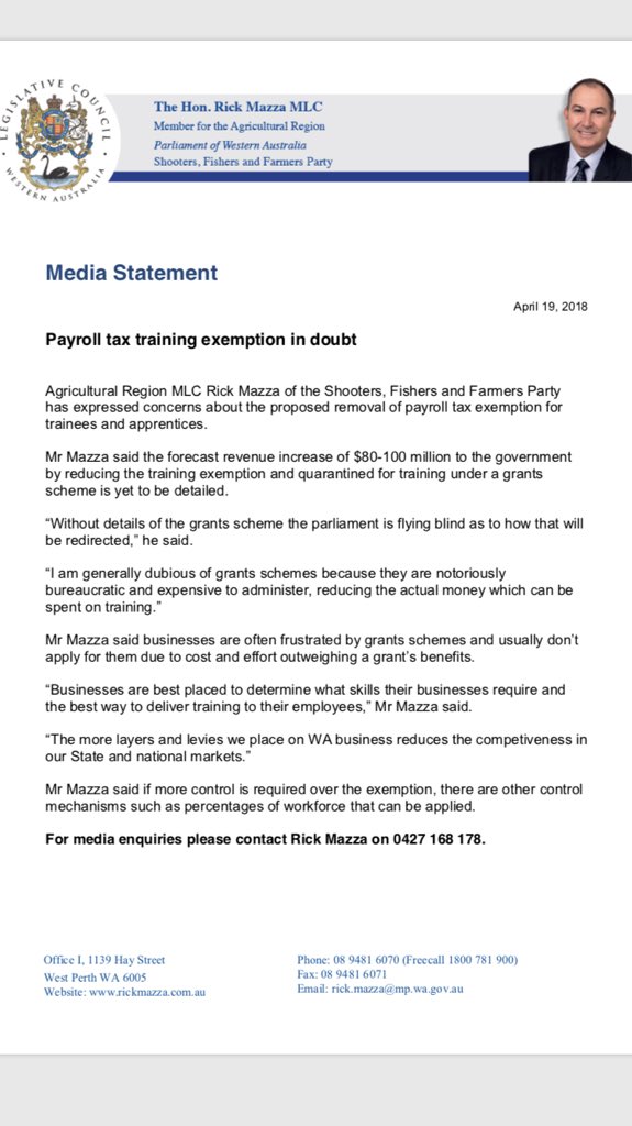 RickNewnham's tweet photo. We welcome the support of @RMazzaSFPWA who will vote against the WA Government’s planned removal of the payroll tax exemption for trainees. He joins @LiberalsWA, One Nation WA, @LibDemWA to help #SaveOurSkills in WA. #wapol https://t.co/JRkj0sH574