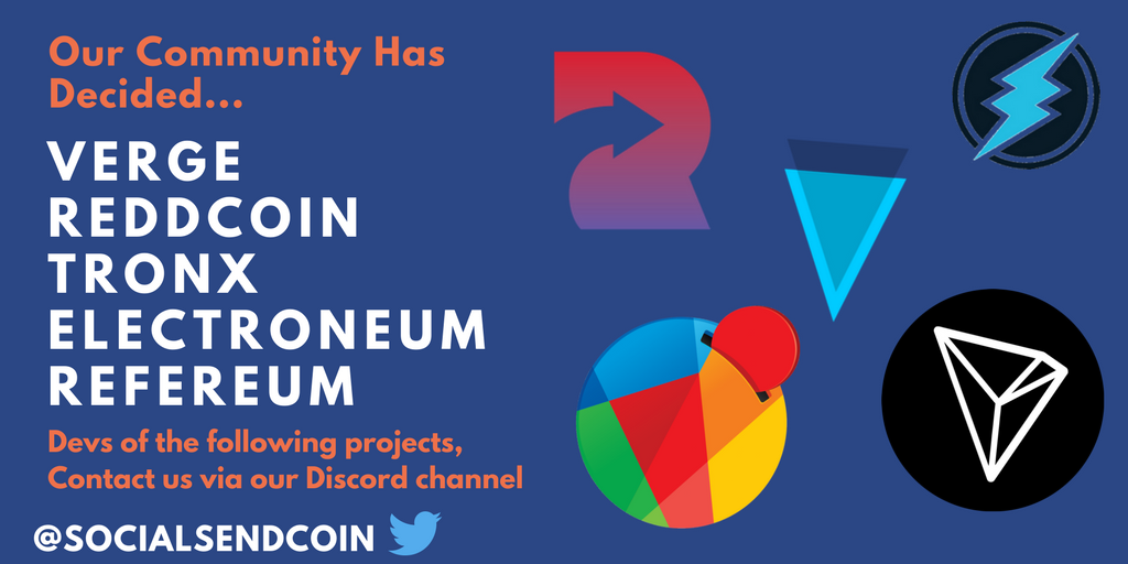 SocialSendCoin's tweet photo. SEND Platform: Coming Soon
@reddcoin @Refereum @electroneum @Tronfoundation @vergecurrency All great projects with strong communities. Devs contact our admins via Discord for information on how to proceed for listing with us: https://t.co/0gPdbREHED  

$rdd $verge $tron $rfr $etn https://t.co/fjUFfYc1fZ