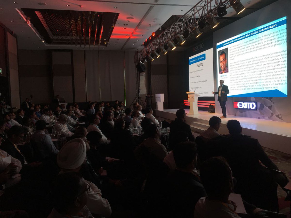 haptik's tweet image. .@aakuvaish at #AIC speaking about how #Conversational_AI is the name of the game in 2018 and how even simple chatbot use cases can solve major pain points for enterprises everywhere! 🤖