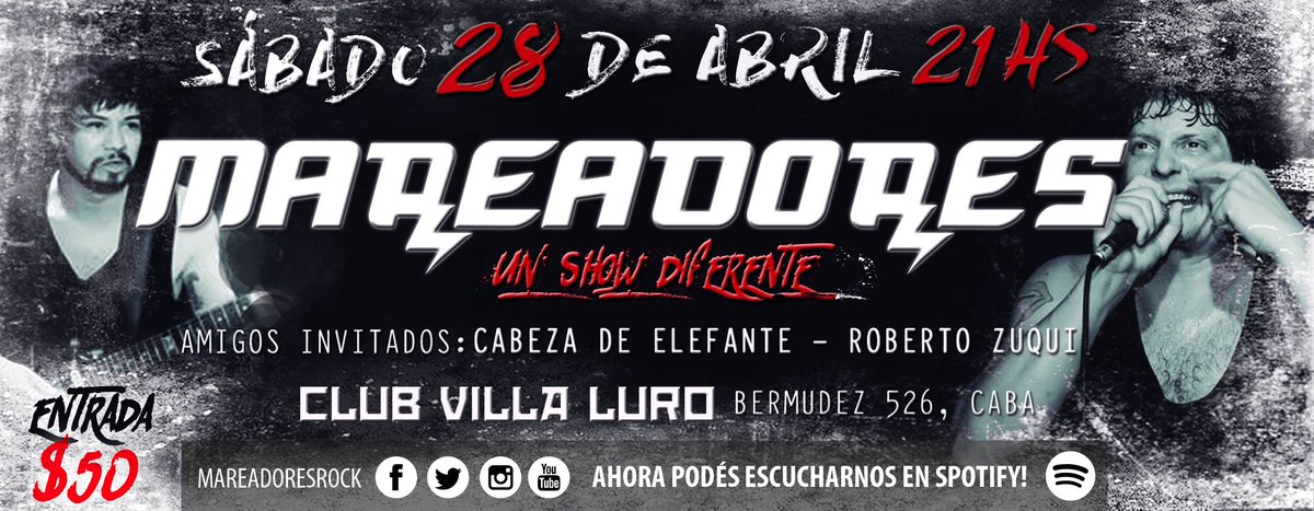 cartelera_rock's tweet photo. CARTELERA‼️
El sábado 28 de Abril toca MAREADORES en el #ClubVillaLuro
Artistas invitados: CABEZA DE ELEFANTE + ROBERTO ZUQUI
https://t.co/nzRLEGlrin https://t.co/dfoiekWrmX