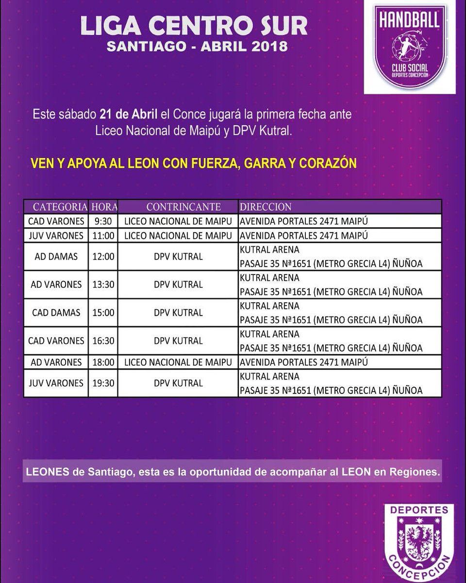 Este sábado 21, estaremos con el handball del <a href="/CSDConcepcion/">Club Social y de Deportes Concepción</a> en stgo, en inicio de LIGA CENTRO SUR, jugamos contra <a href="/DPVKutral/">Balonmano Kutral</a> y <a href="/BMLiceoNacional/">Club Liceo Nacional</a>,
Esperamos el apoyo de
<a href="/SantiagoConce/">Santiago Lila</a>
<a href="/VTorneria/">.</a>
<a href="/cacastilloc/">César Castillo Caamaño</a>
<a href="/MauricioLuengoV/">Mauricio Luengo</a>
@IdolosCCP
@DepConcepcion
<a href="/CGarridoLila/">Cristian G.</a>
<a href="/renemoraperez/">Rene M Mora Perez</a>