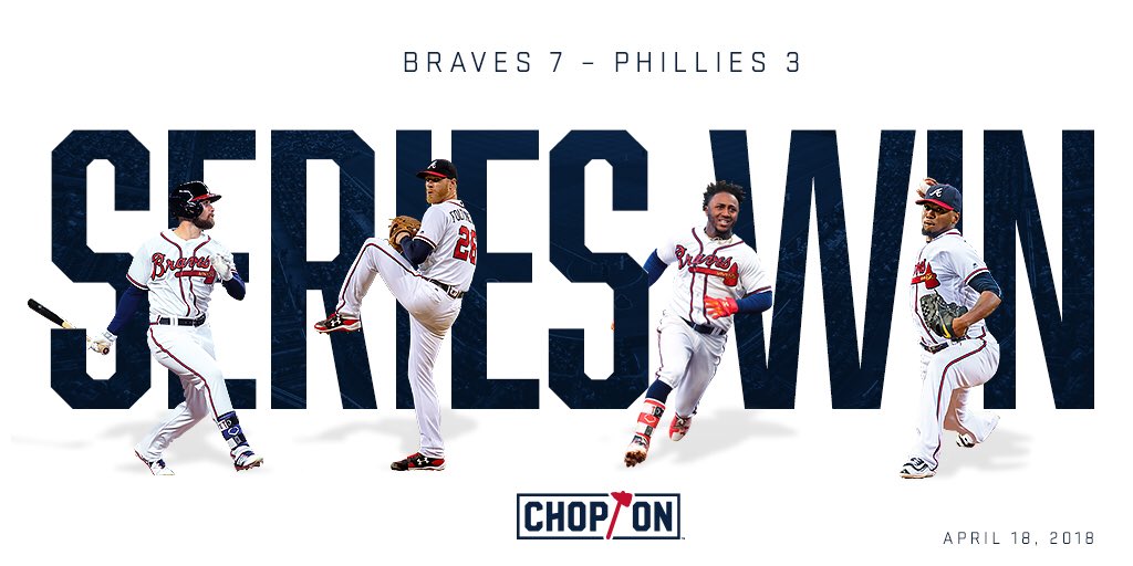 Braves's tweet photo. With tonight’s win, the #Braves took this three-game set and improved to 4-1-1 in series play this season, including 3-0-0 at SunTrust Park. The Braves have won their first three home series for the first time since 2000. 

#ChopOn https://t.co/3e2aFjfuNW