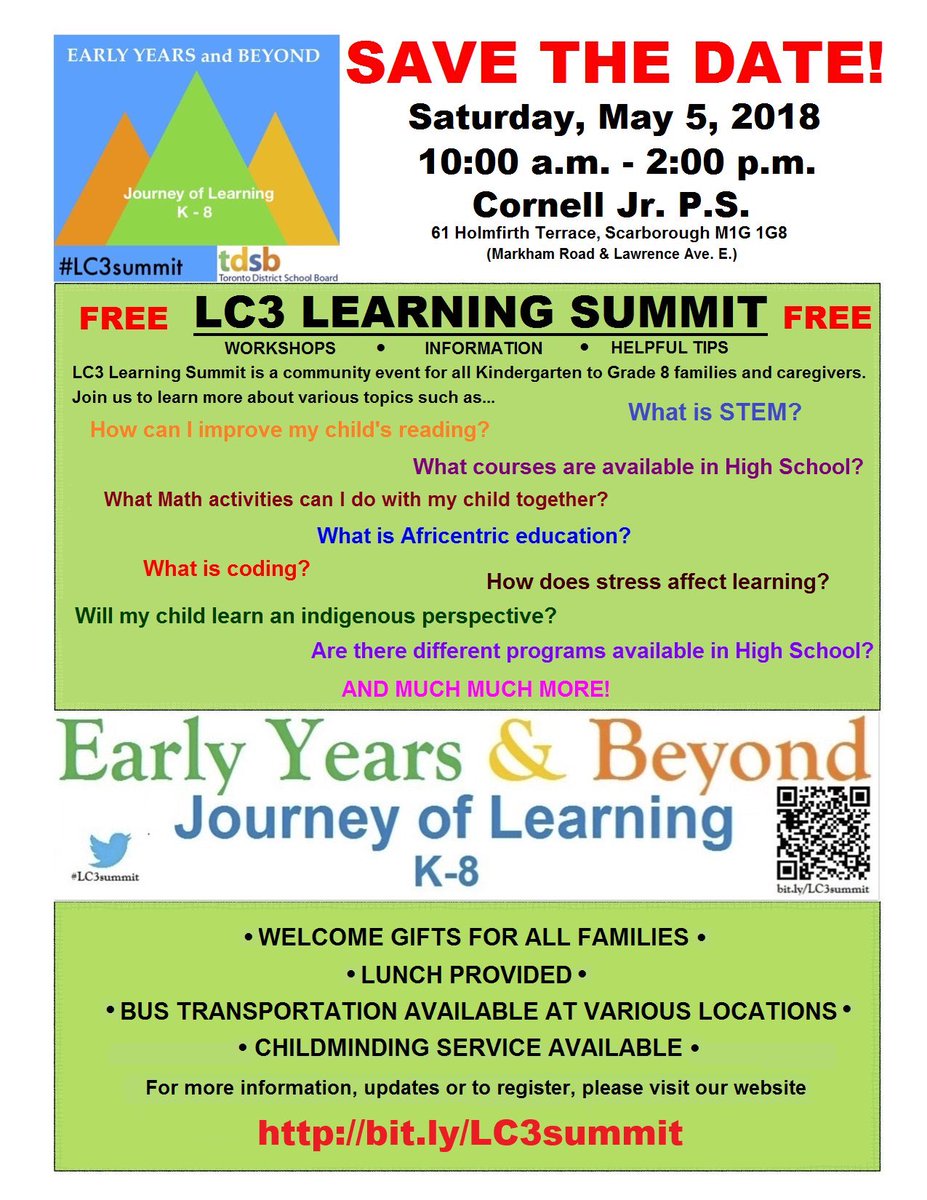 LC3 Early Years &amp; Beyond Learning Summit is May 5th at Cornell J.P.S. A free event for families.  Visit bit.ly/LC3summit <a href="/LC3_TDSB/">TDSB LC3</a>